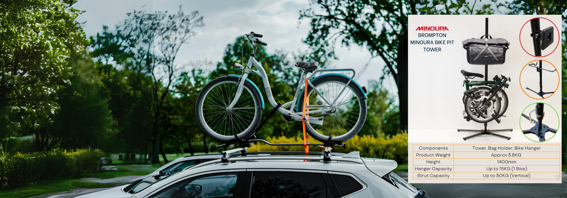 	Aerodynamic roof-mounted bike carrier with fork-mount system and wheel straps securing a road bike at highway speeds