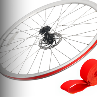 	PVC rim tape rated for 100+ PSI, installed on a road bike wheel with Presta valve cutout