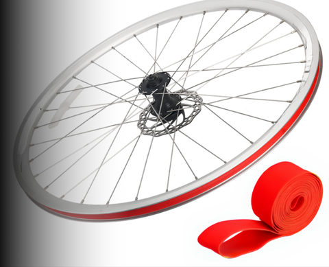 	PVC rim tape rated for 100+ PSI, installed on a road bike wheel with Presta valve cutout