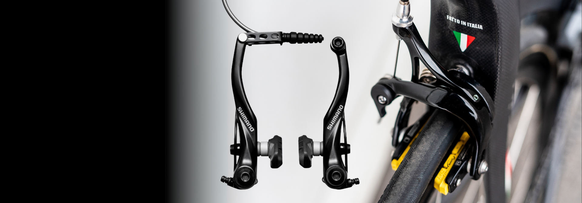 	Aluminum V-brake with parallel-arm design and cartridge pads, mounted on a touring bike rim for all-weather braking