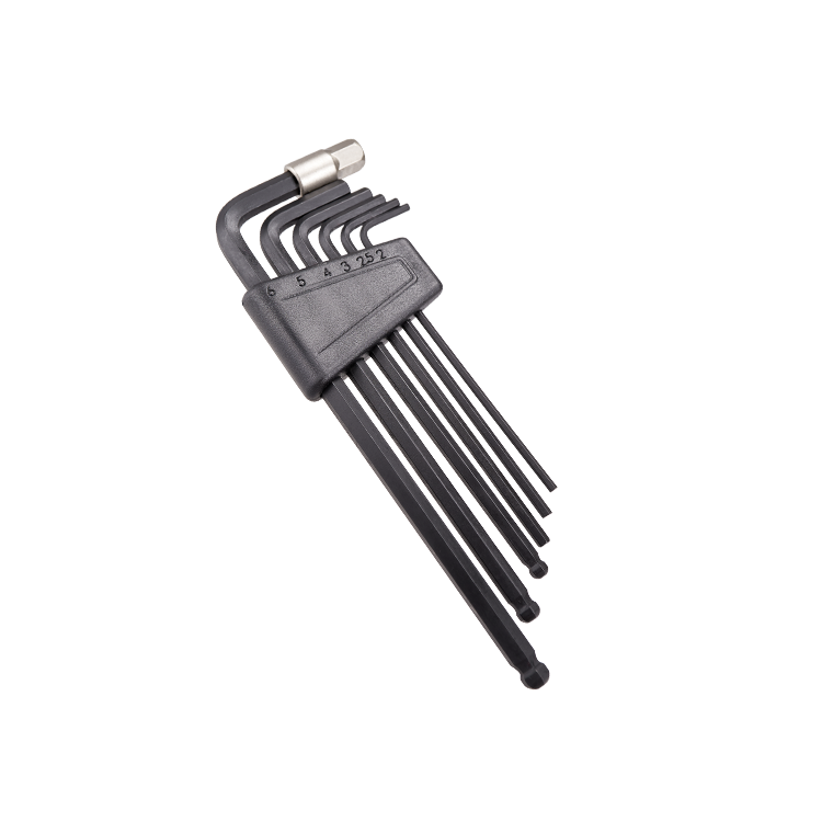 Set of ball-end hex key wrenches in a compact holder for multiple sizes.