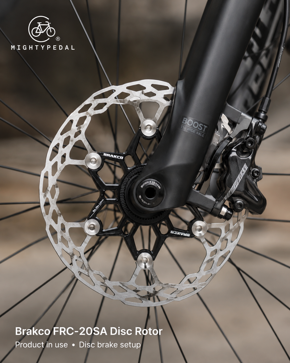 Bicycle disc rotor and brake setup with 'MightyPedal' branding.