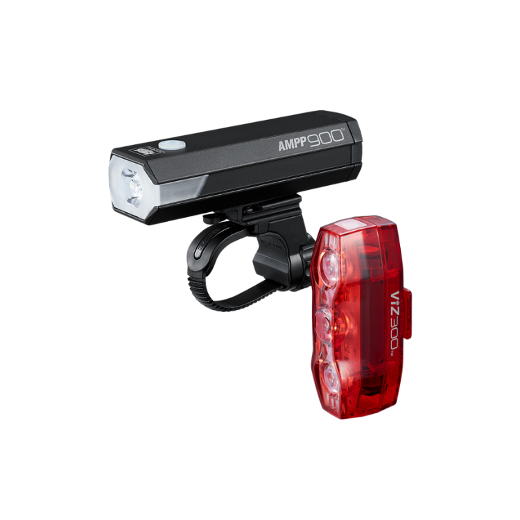 Cateye AMPP900 front bike light with VIZ300 rear light set for day and night cycling safety.