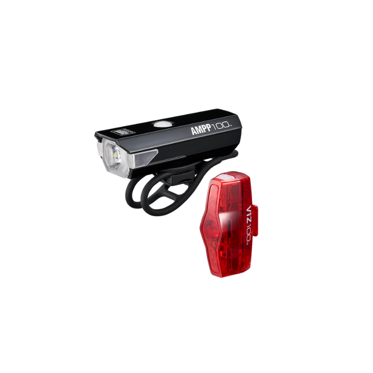 Cateye AMPP 100 headlight and VIZ 100 tail light set for bikes, featuring powerful illumination for front and rear safety.