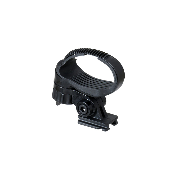 Cateye adjustable mount for bike lights, designed to securely attach to handlebars or seat posts, providing stability with a flexible clamp and adjustable fit for various bike light models.