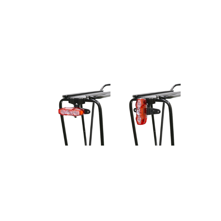 Cateye rear bike rack light mount with an adjustable bracket for easy attachment of a bike light to the rack, enhancing visibility and safety.