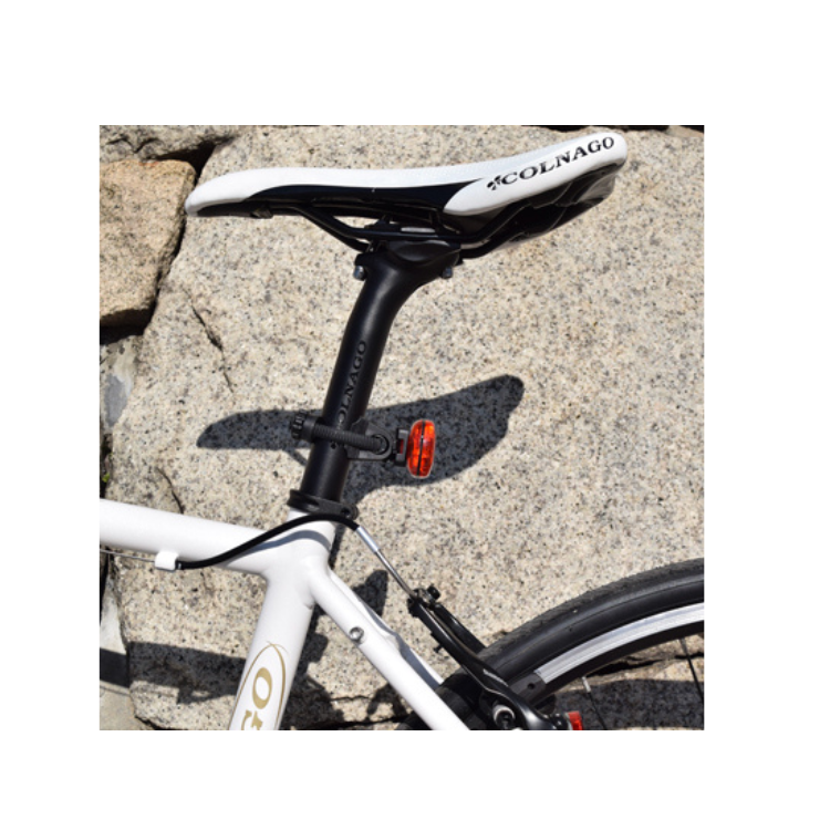 Cateye rear LED bike light mounted on the seat post with clear visibility, providing enhanced cycling safety with bright red illumination.