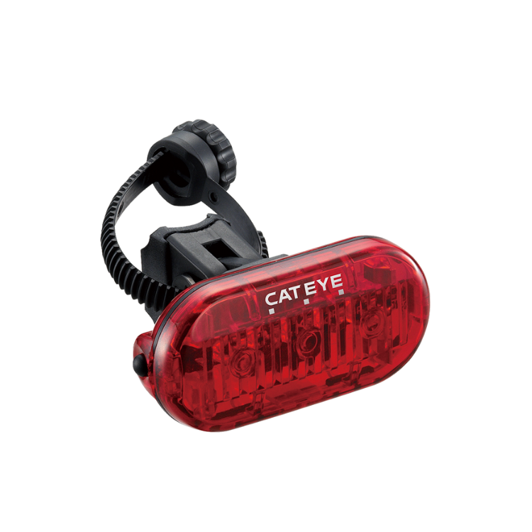 Cateye rear LED bike light with adjustable mount, showcasing its compact design and bright red illumination for cycling visibility.