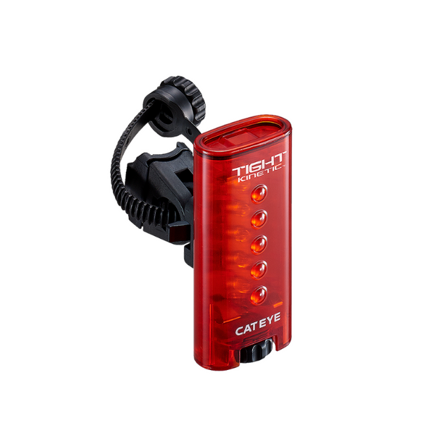 Cateye Tight Kinetic rear bike light with five LED lights, mounted on a bike with adjustable strap, offering high visibility for cyclists.