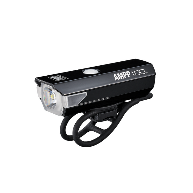 Cateye AMPP 100 front bike light with a secure rubber strap mount, providing stability and bright illumination.