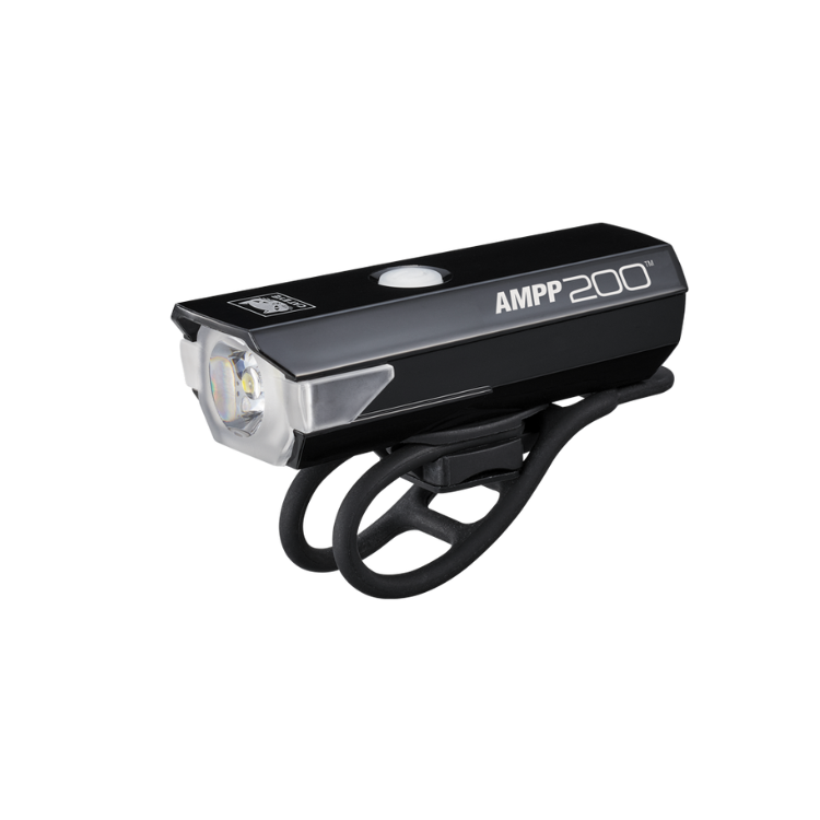 Cateye AMPP 200 front bike light mounted on handlebars, providing visibility and safety for cycling
