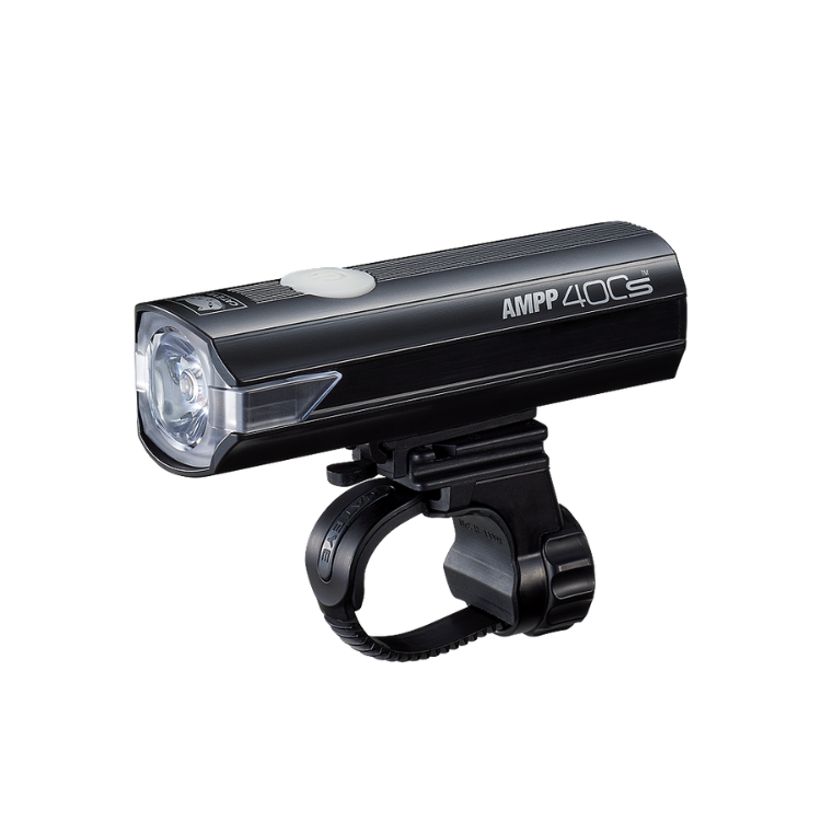 Cateye AMPP 400s front bike light securely mounted on the handlebar, offering bright and reliable illumination for cyclists