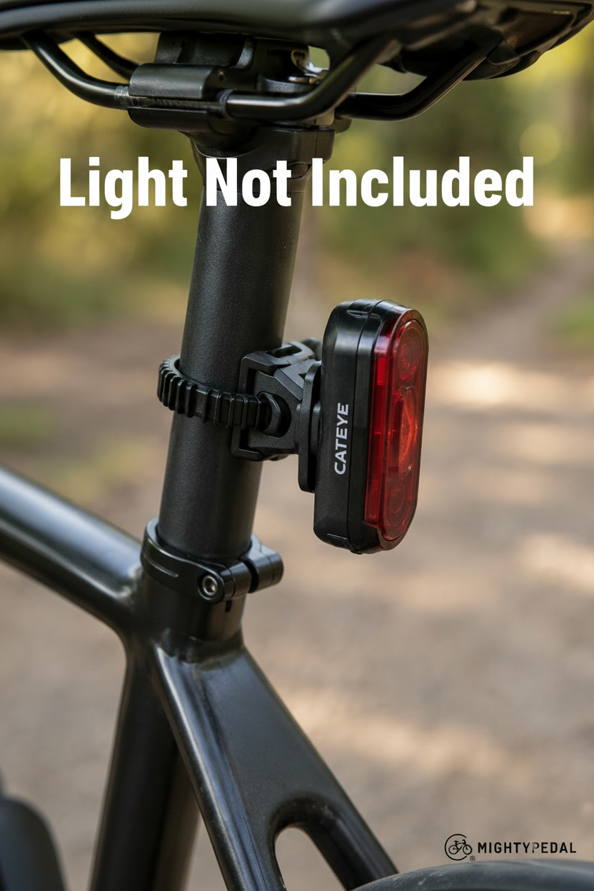 Bicycle tail light attached to a bike frame with a blurred natural background