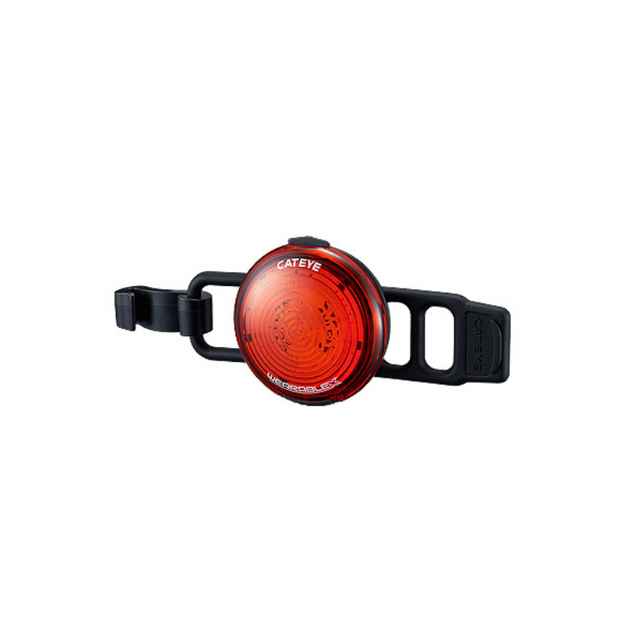 Red Cateye rear bicycle light with seat post mounting strap, providing visibility and safety for cyclists.