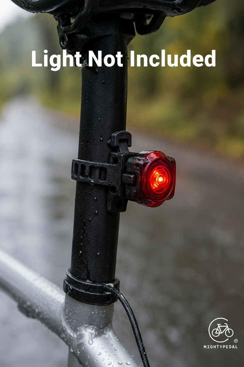 Red bicycle tail light attached to a bike frame with a blurred natural background