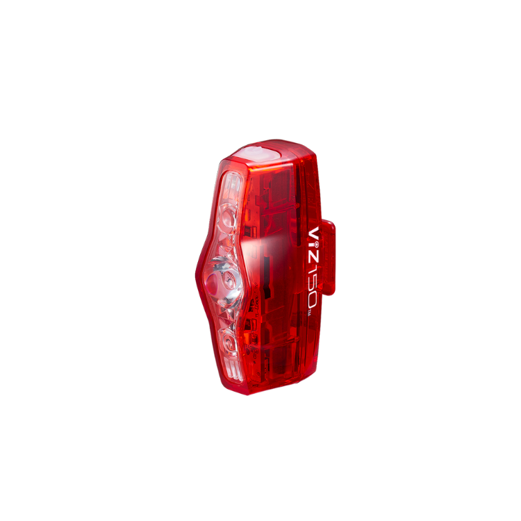 Cateye VIZ150 rear bike light mounted on a bicycle seat post, showcasing its red LED design for increased visibility.