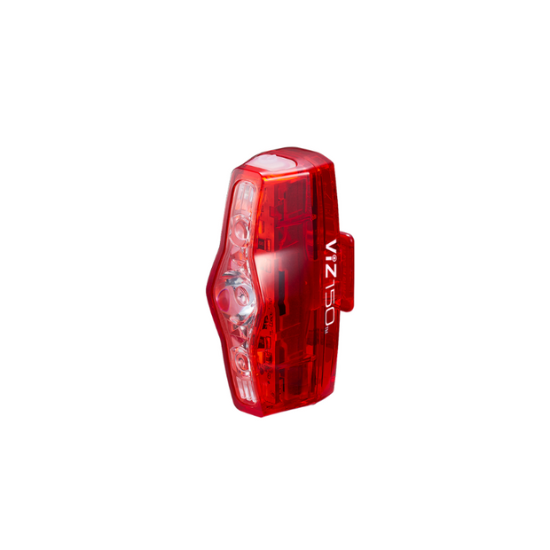 Cateye VIZ150 rear bike light mounted on a bicycle seat post, showcasing its red LED design for increased visibility.