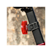 Close-up view of Cateye VIZ150 rear bike light attached to the seat post of a bike, featuring red LED lights for safety.