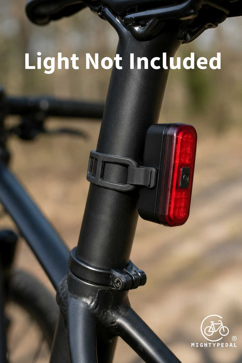 Bicycle tail light attached to a bike frame with a blurred natural background