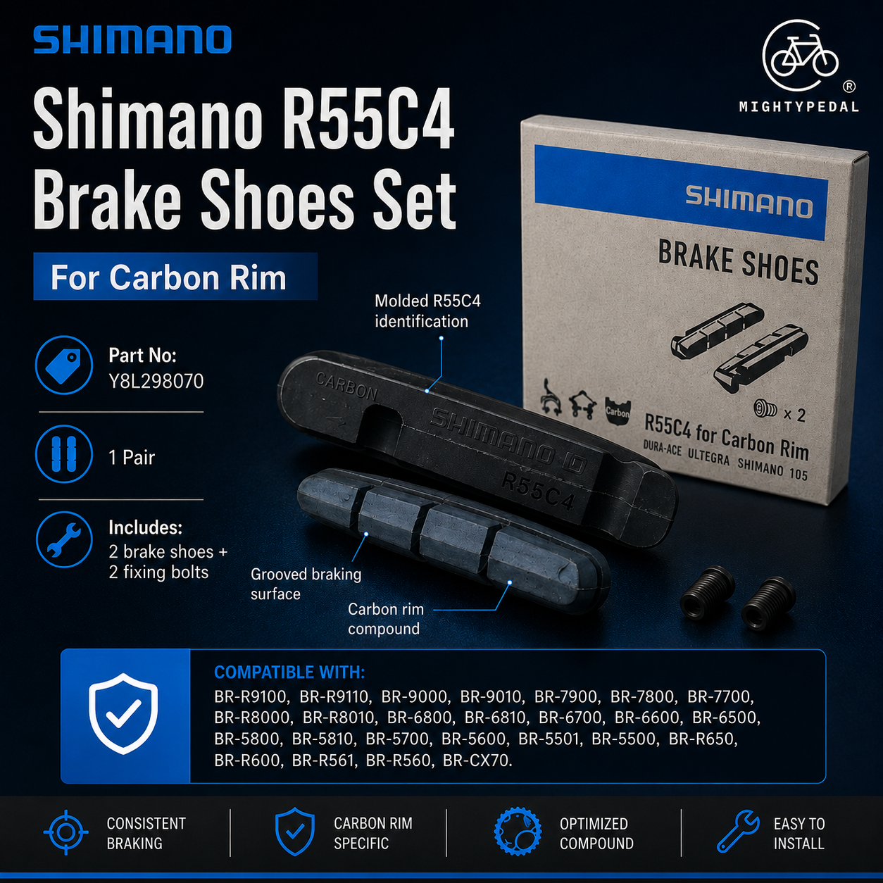 Shimano R55C4 Brake Shoes Set(Carbon Rim) , Pair , Y8L298070
