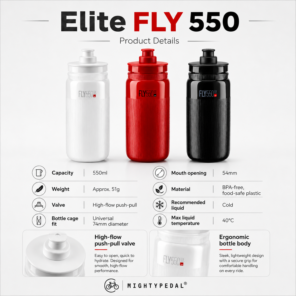 Elite FLY 550 Lightweight Cycling Water Bottle