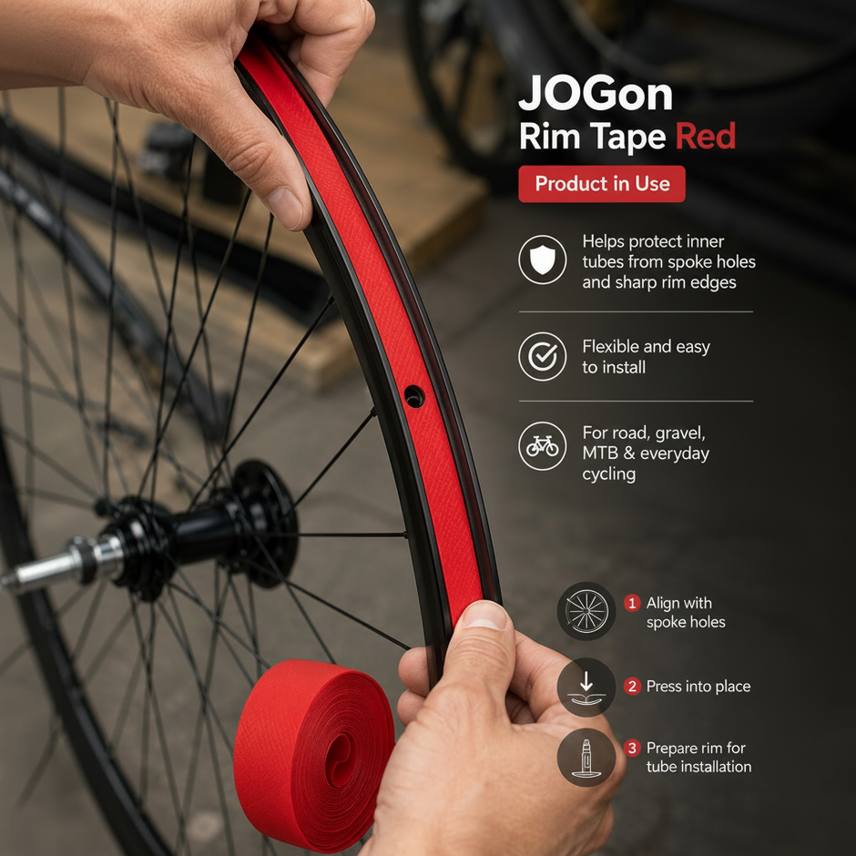 Red JOGOn rim tape being applied to a bicycle wheel with product details on a dark background.