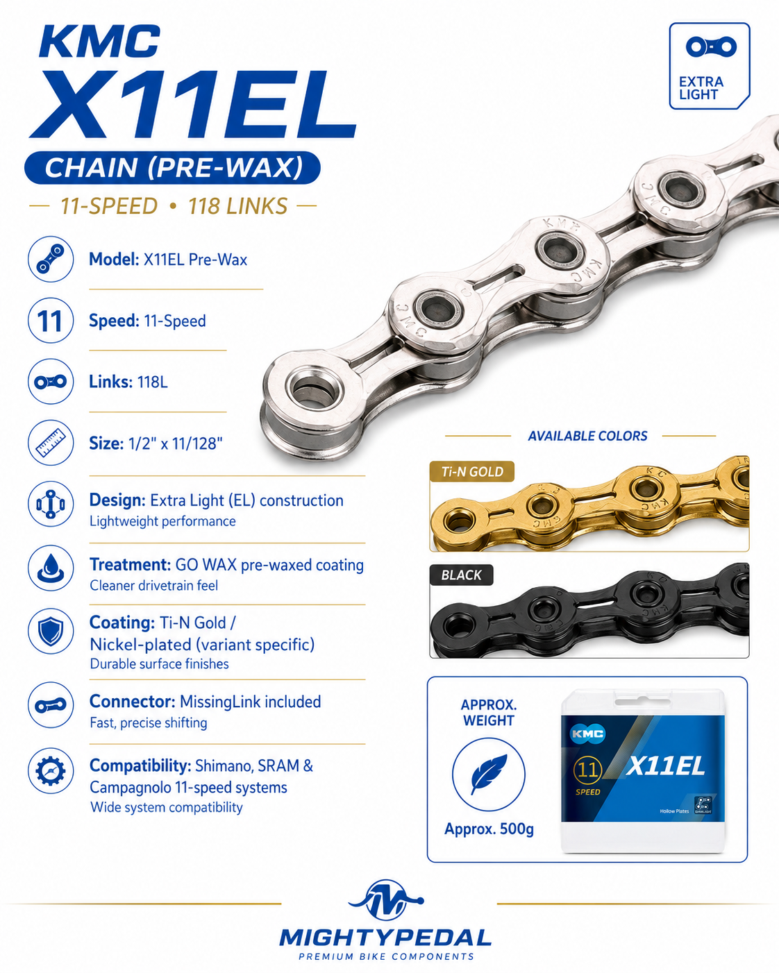 KMC X11EL Chain (Pre-Wax), 11spd, 118L