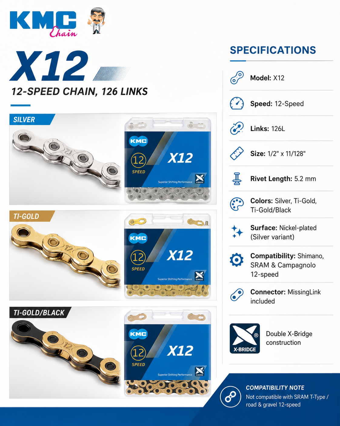 KMC X12 Chain, 12spd, 126L