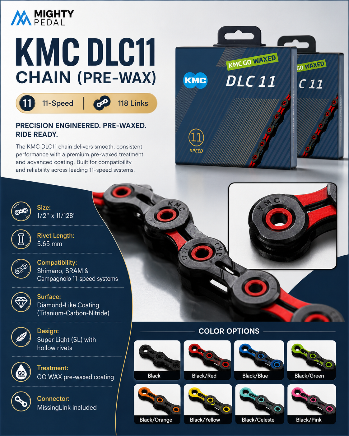 KMC DLC11 Chain (Pre-Wax), 11spd, 118L