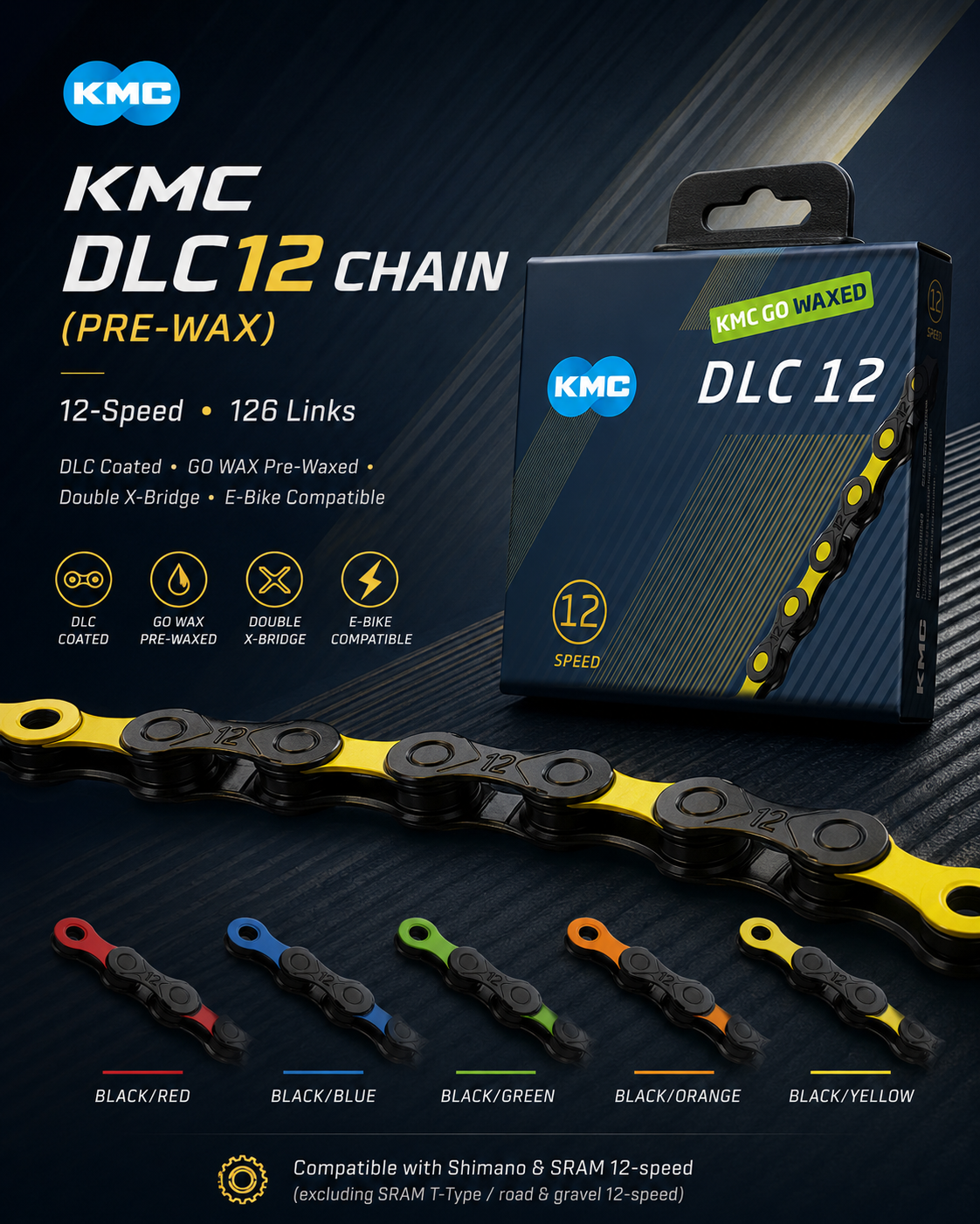 KMC DLC12 Chain (Pre-Wax), 12spd, 126L
