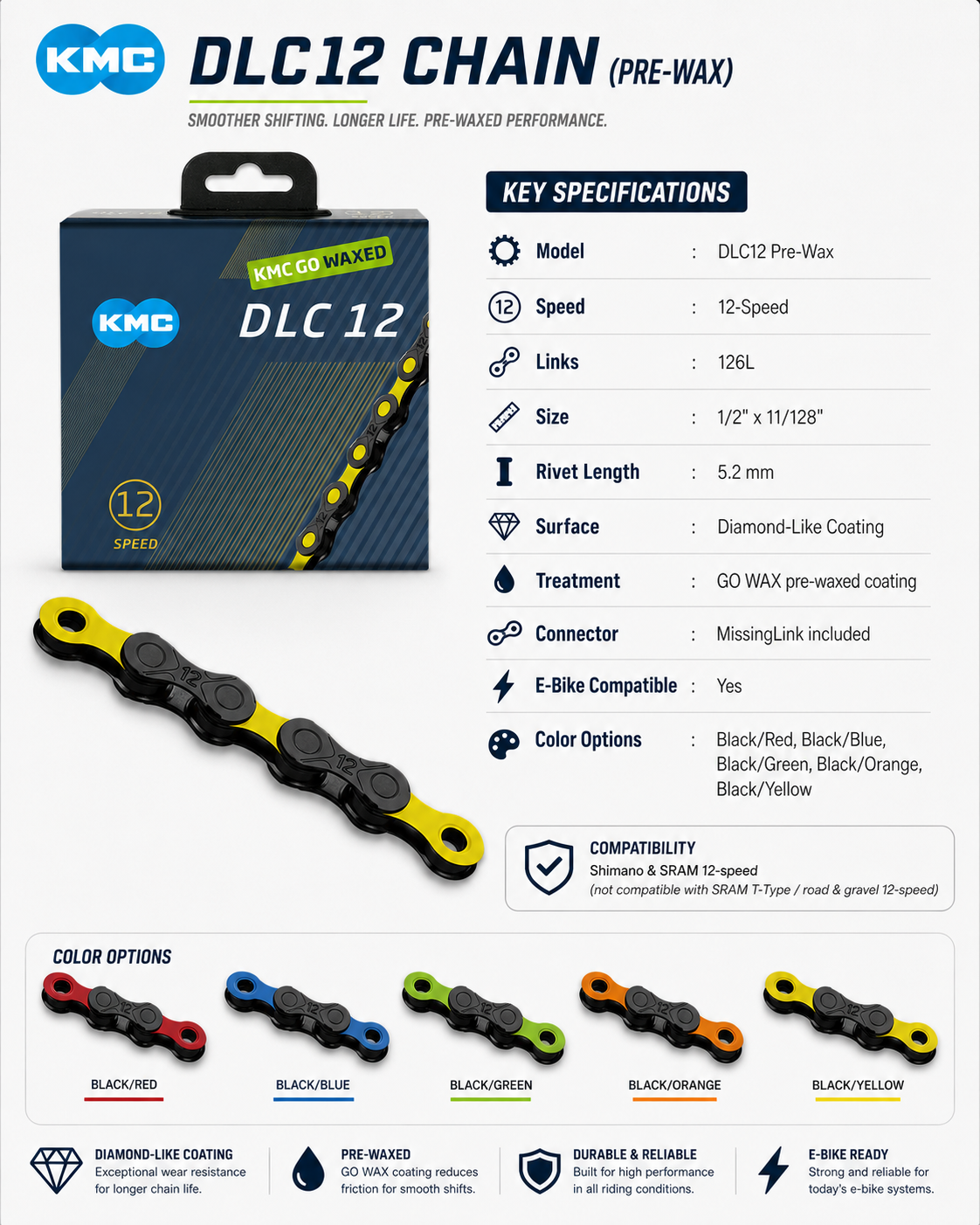 KMC DLC12 Chain (Pre-Wax), 12spd, 126L