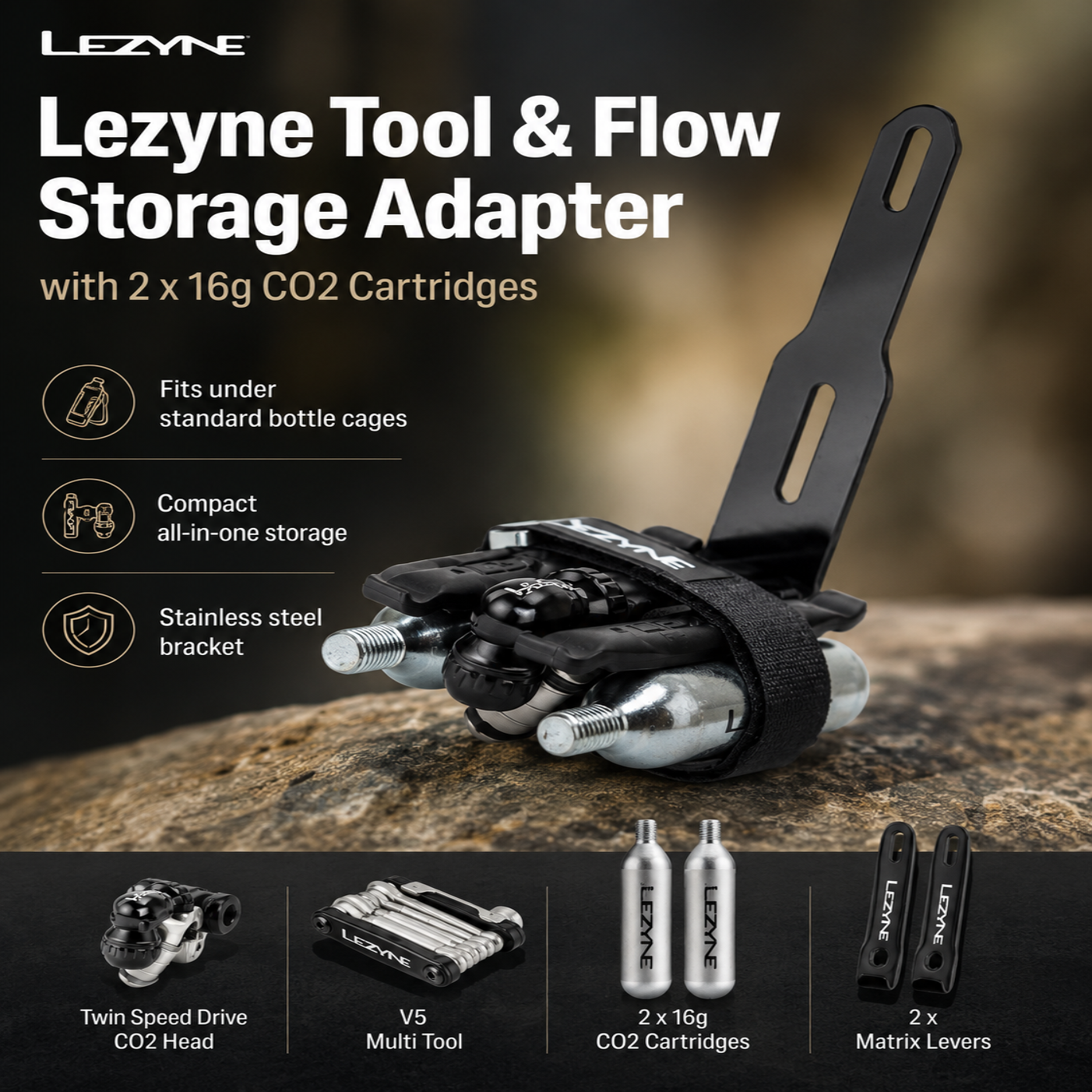 Lezyne Tool & Flow Storage Adapter (with 2pcs 16G CO2 Cartridges)