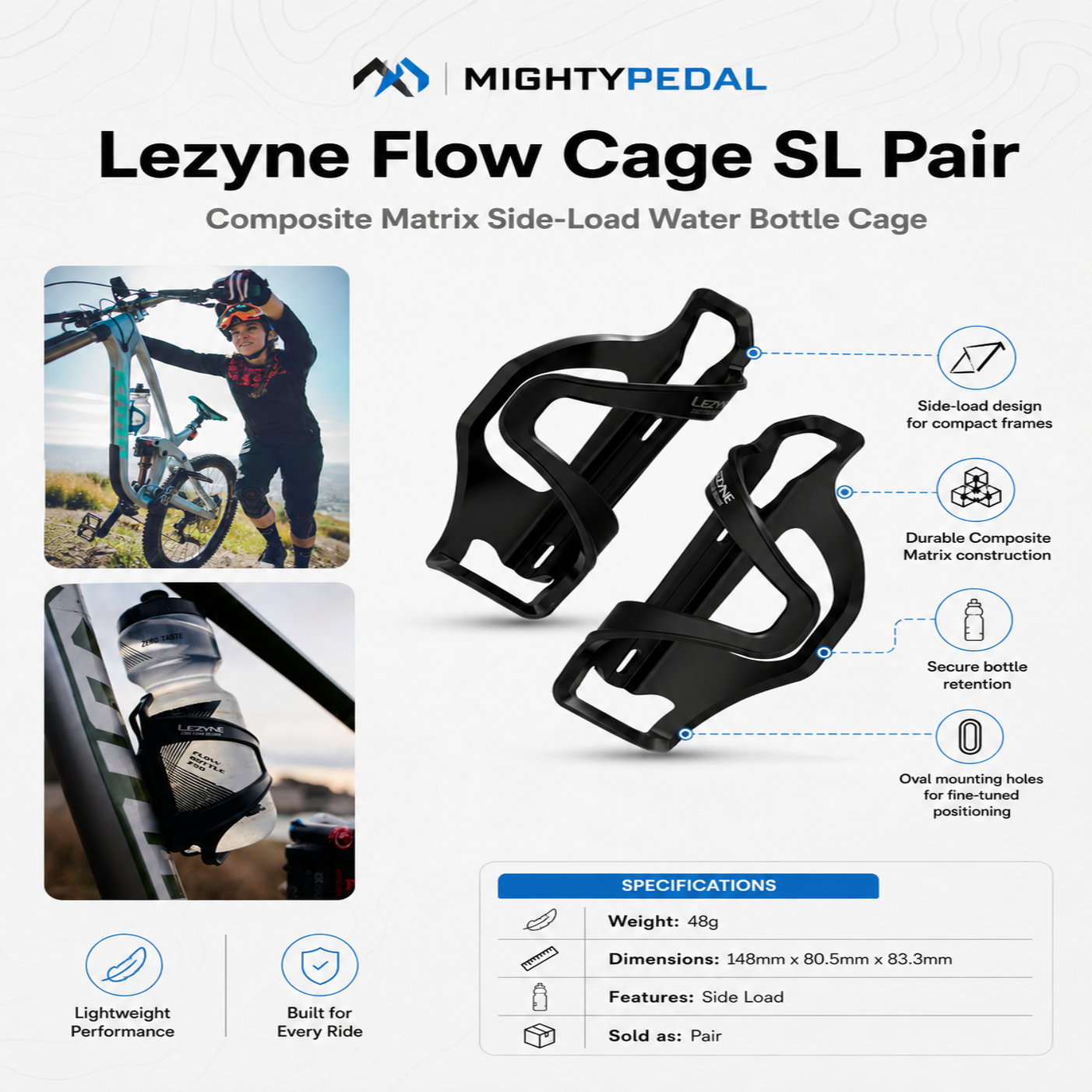 Lezyne Flow Cage SL Pair with Mighty Pedal branding on a white background