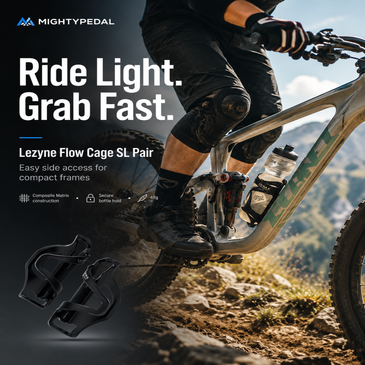 Biker on a mountain trail with Lezyne Flow Cage SL Pair displayed, featuring MightyPedal branding.