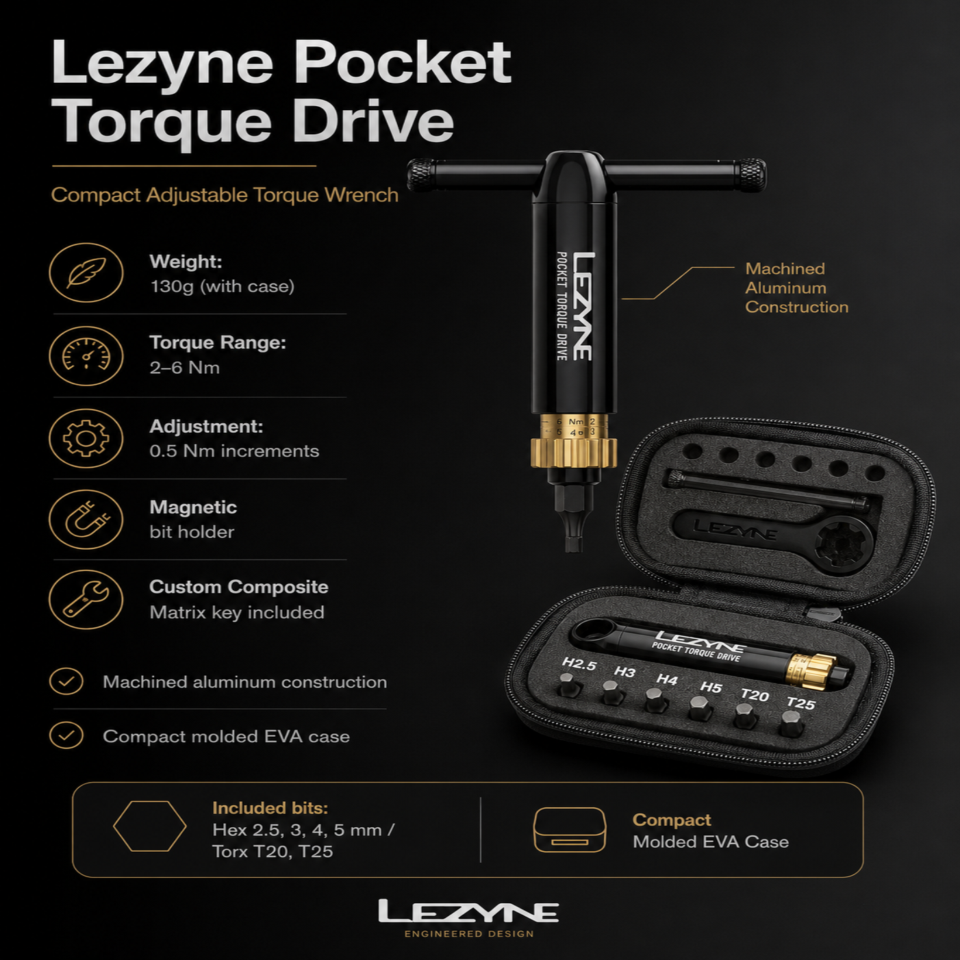 Lezyne Pocket Torque Drive tool with specifications on a black background