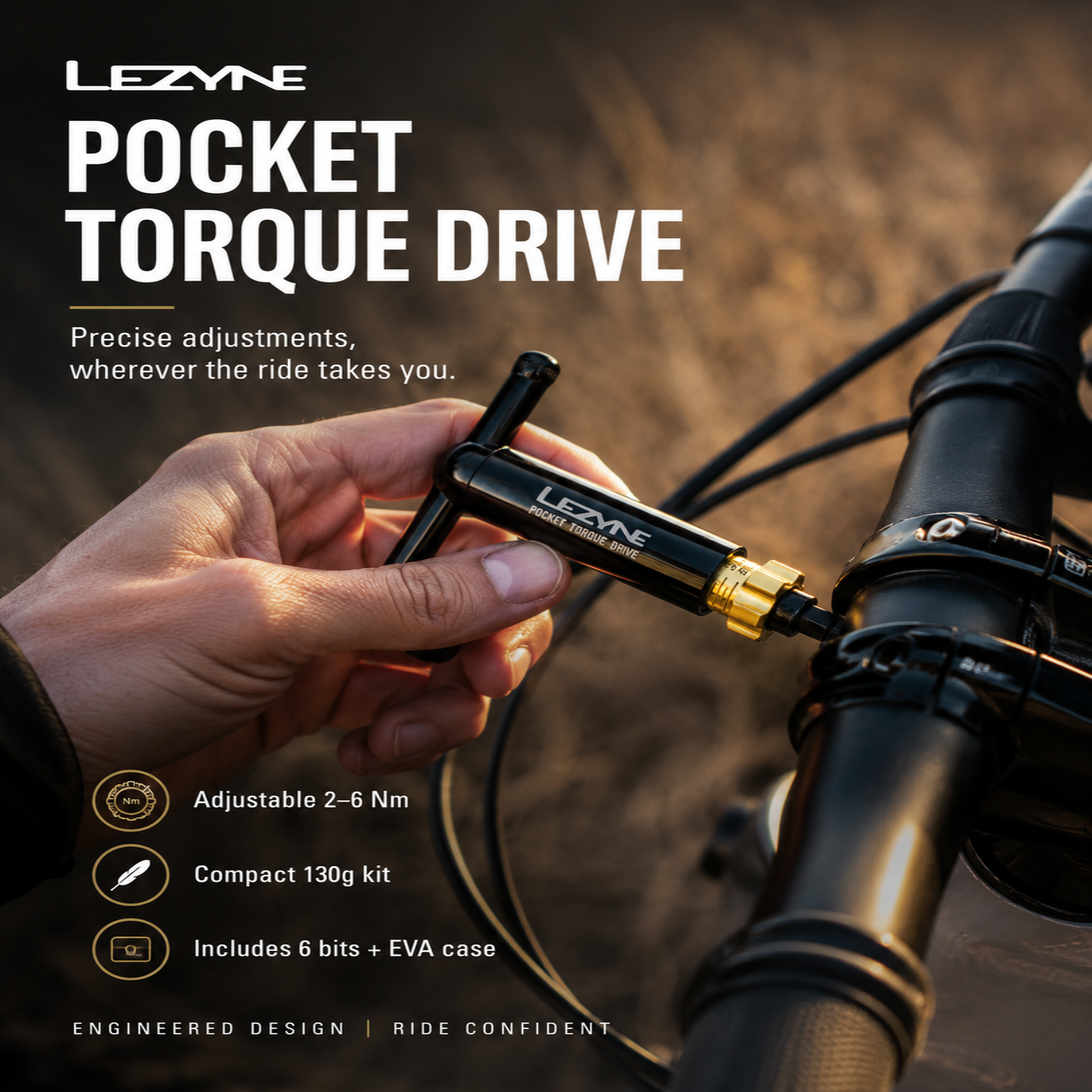 LEZYNE Pocket Torque Drive tool being used on a bicycle handlebar with product details.