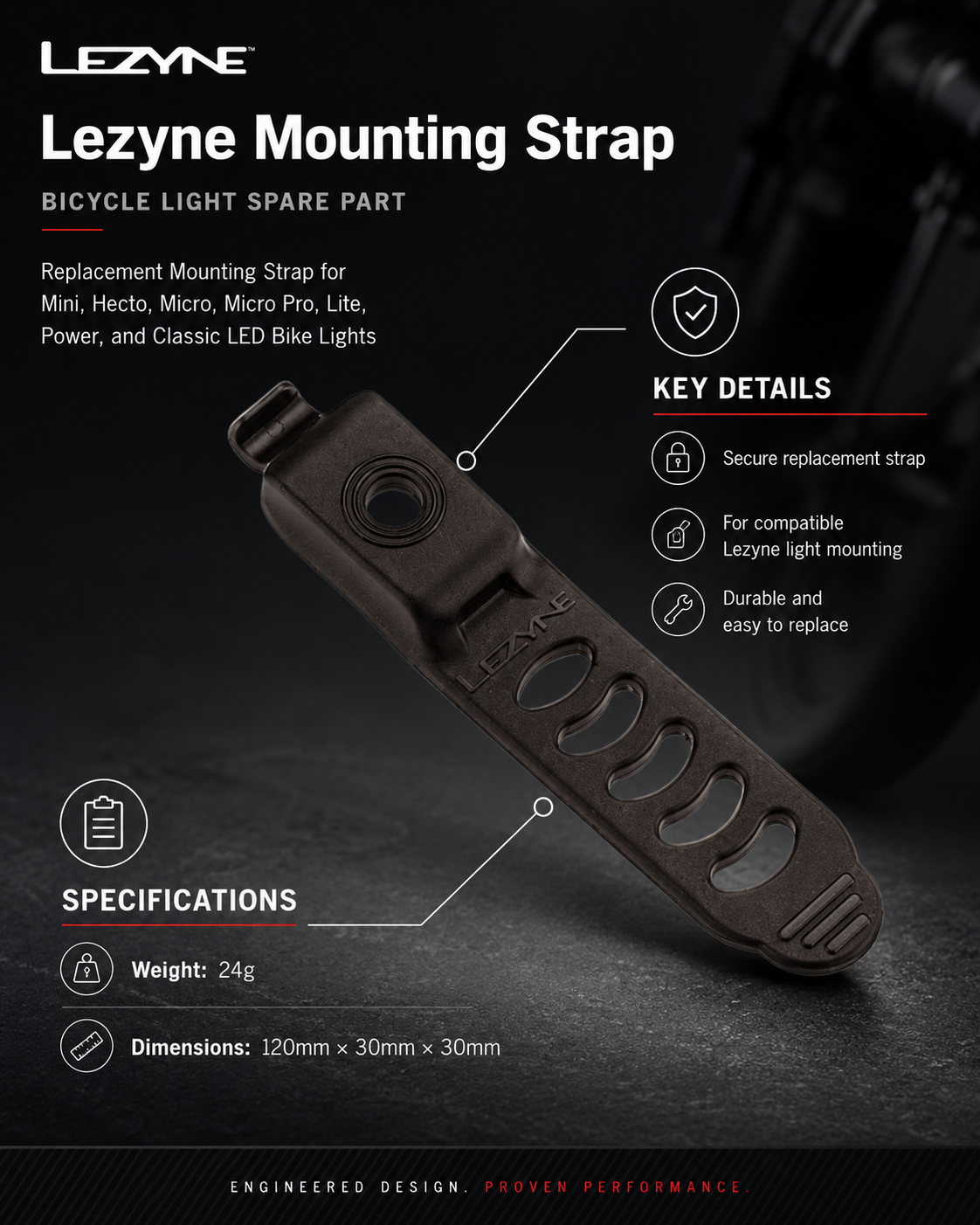 Lezyne Mounting Strap for Mini/Hecto/Micro/Classic/Micro Pro/Lite/Power, Bicycle light spare parts