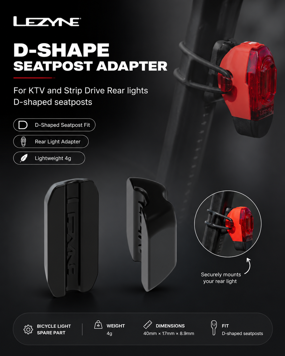 Lezyne D-Shape Seatpost Adapter for KTV and Strip Drive Rear Lights