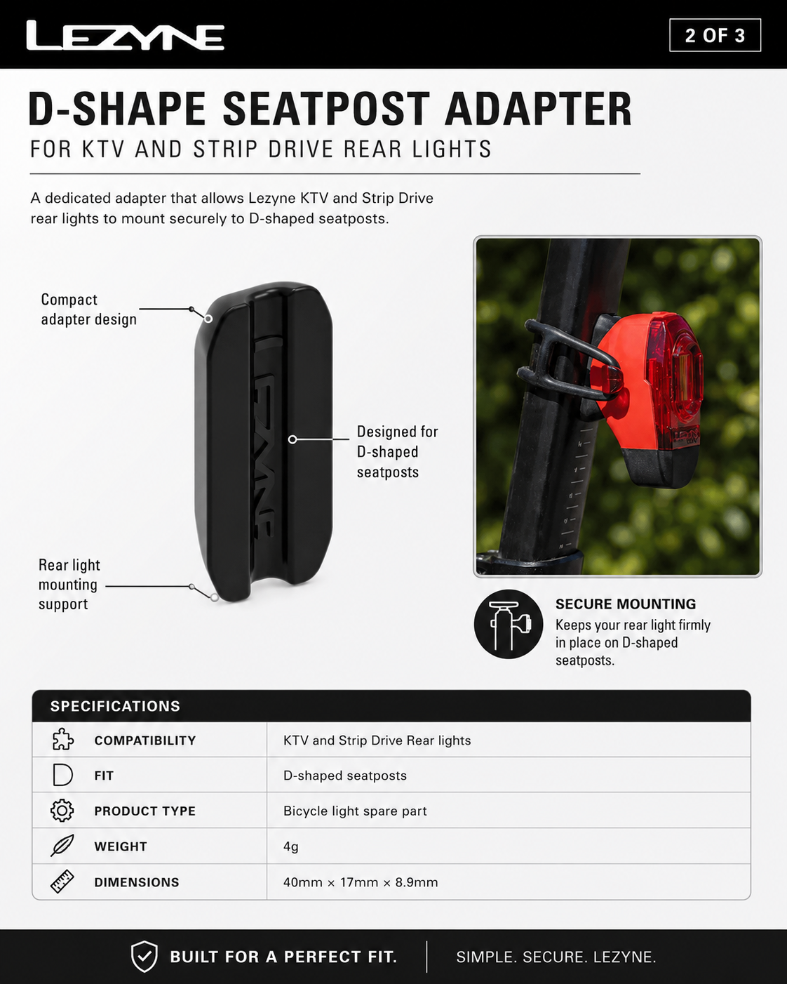 Lezyne D-Shape Seatpost Adapter for KTV and Strip Drive Rear Lights