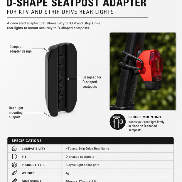 Lezyne D-Shape Seatpost Adapter for KTV and Strip Drive Rear Lights