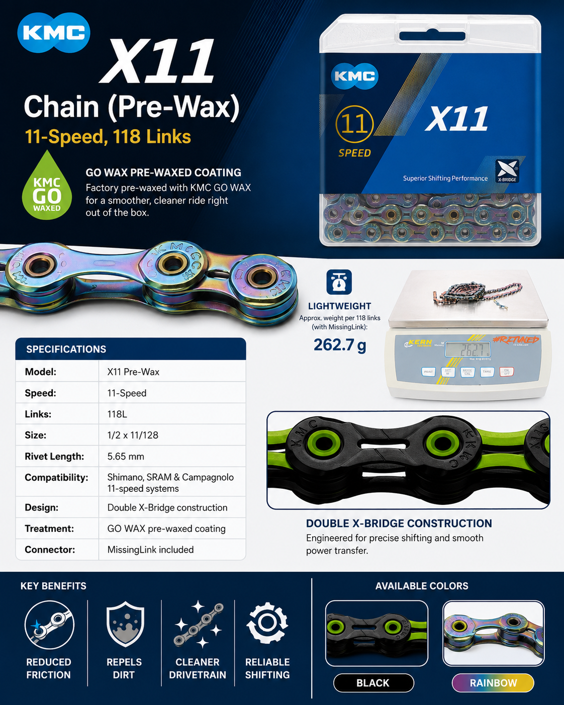 KMC X11 Chain (Pre-Wax), 11spd, 118L