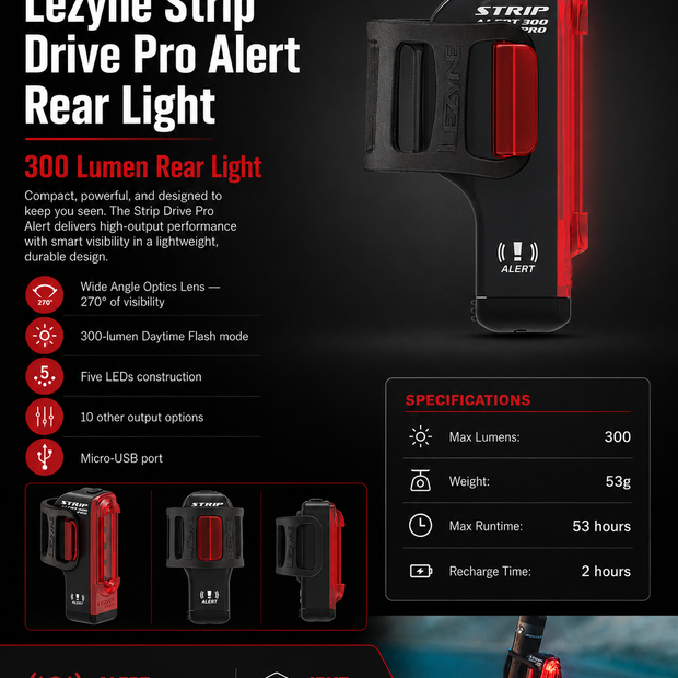Lezyne Bicycle Strip Drive Pro Alert Rear light, 300 Lumen