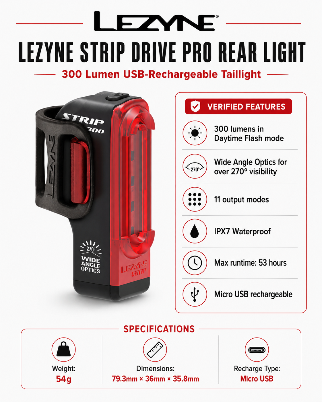 Lezyne Bicycle Strip Drive Pro Rear light, 300 Lumen