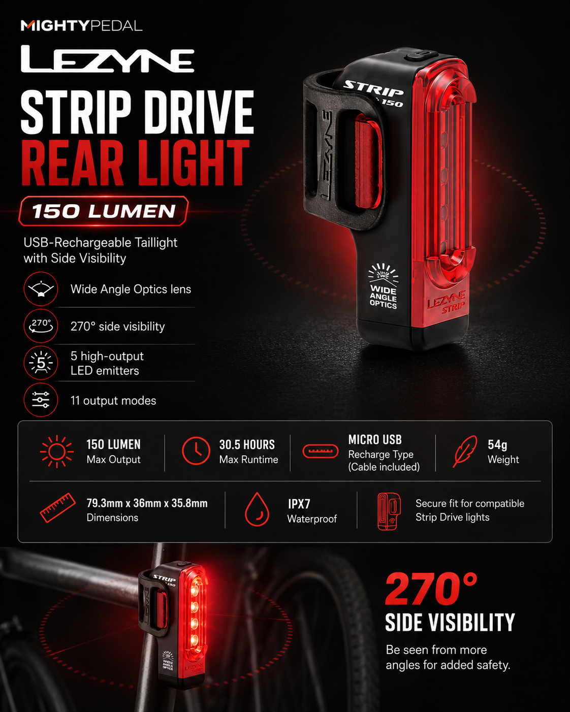 Lezyne Bicycle Strip Drive Rear light, 150 Lumen