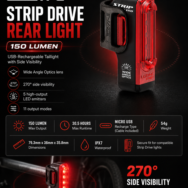 Lezyne Bicycle Strip Drive Rear light, 150 Lumen