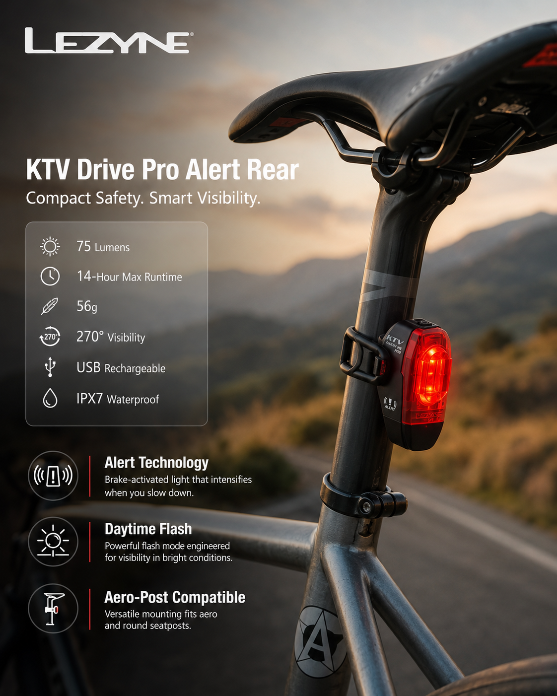 Lezyne Bicycle KTV Drive Pro Alert Rear light, 75 Lumen