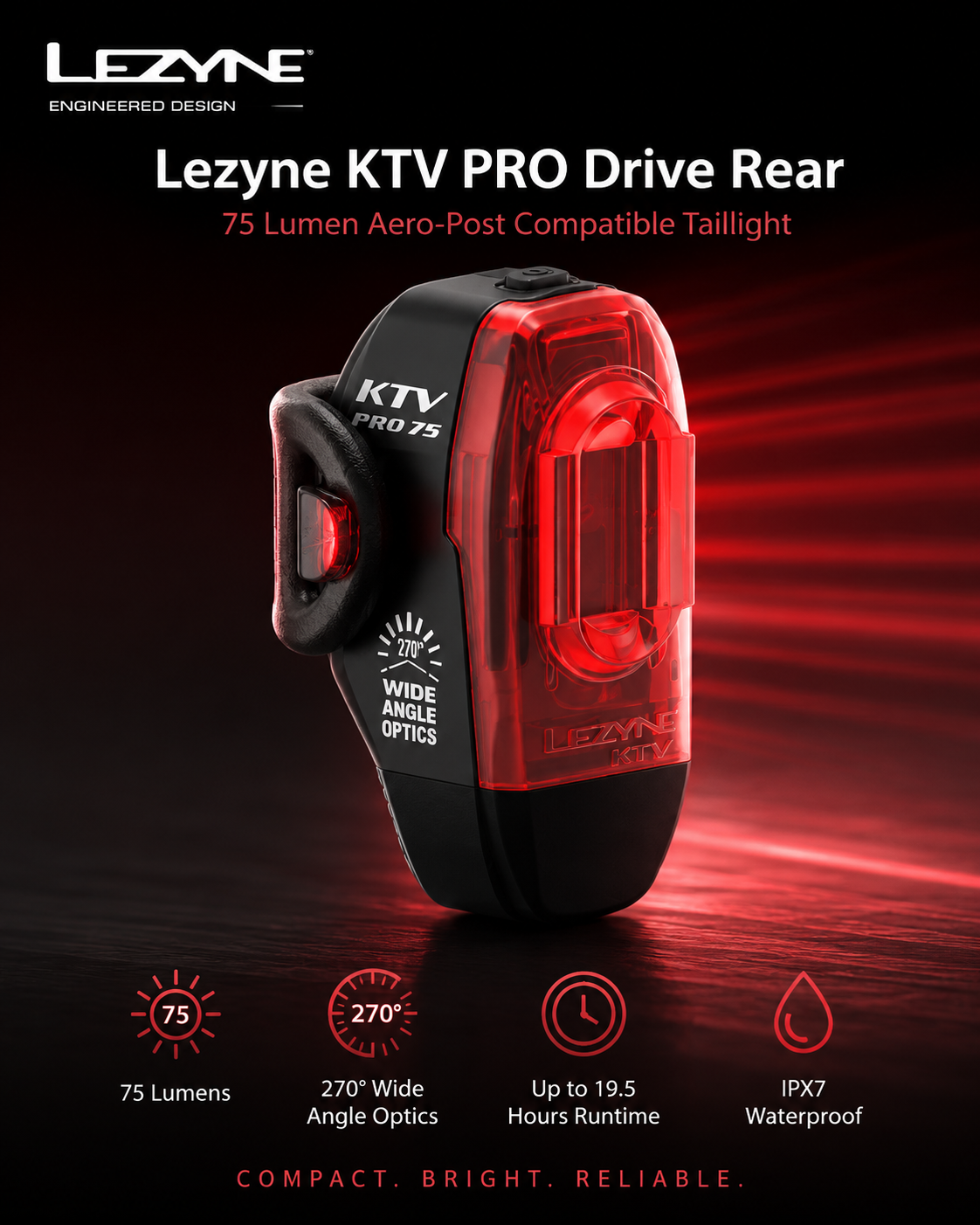 Lezyne Bicycle KTV PRO Drive Rear Light, 75 Lumen