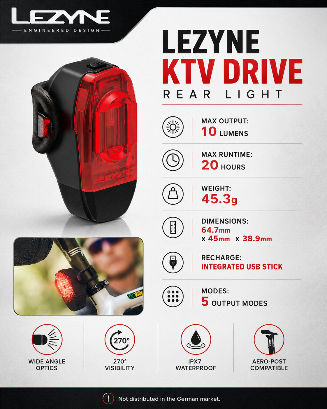 Lezyne Bicycle KTV Drive Rear light, 10 Lumens