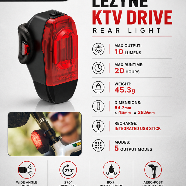Lezyne Bicycle KTV Drive Rear light, 10 Lumens
