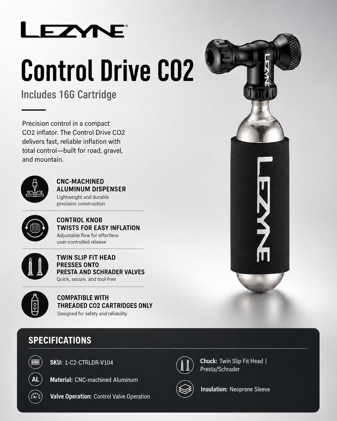 Lezyne Control Drive CO2 (with 16G Cartridge) Bicycle Pump